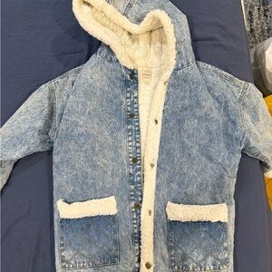 Urban apparel small shop  Light Blue Sherpa-Lined Denim Hooded Coat